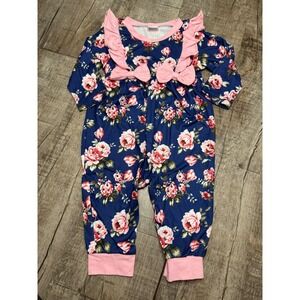 Floral Ruffle Bow Long Sleeve Romper Navy Pink 9-12M